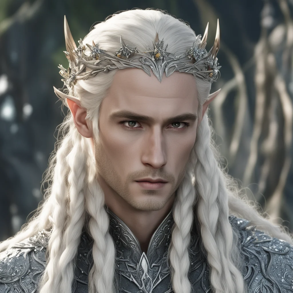 aiking thranduil with blond hair and braids wearing silver that are encrusted with diamonds with diamond berries on head