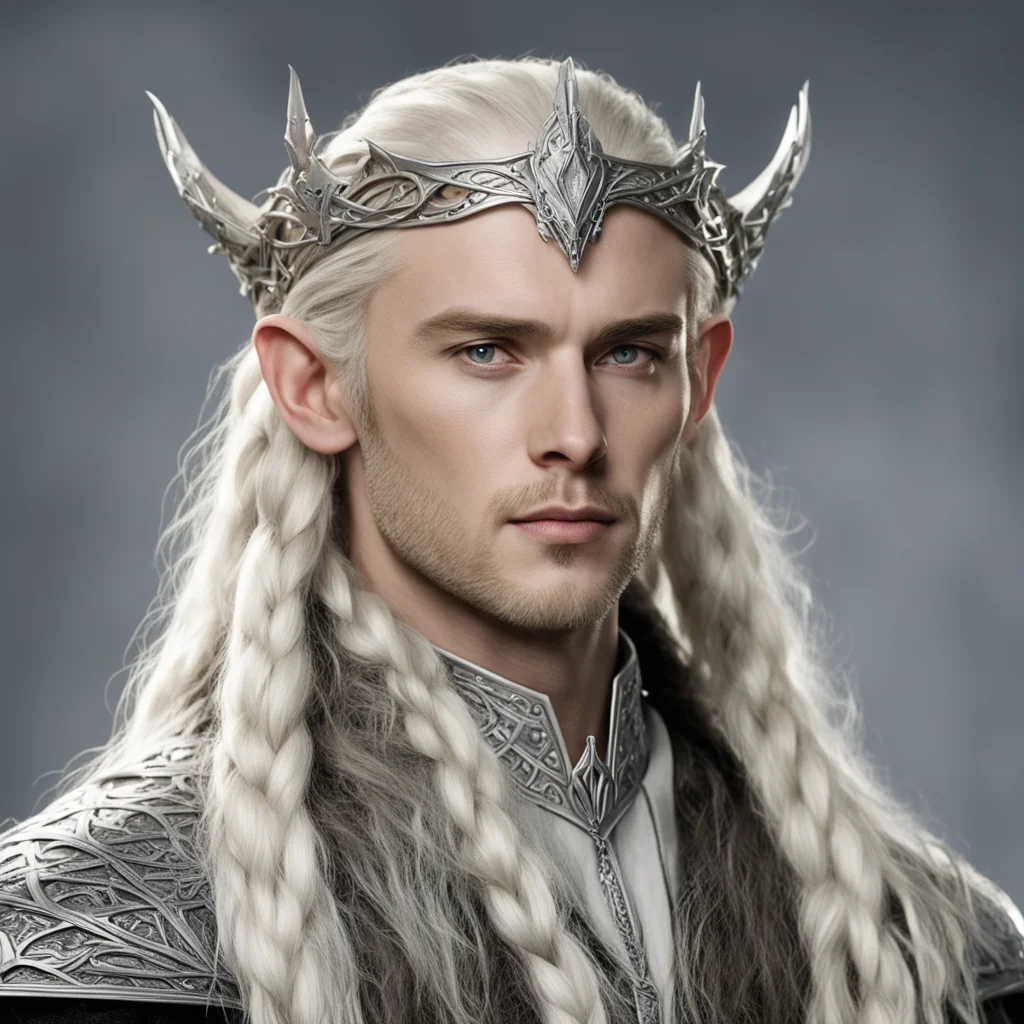 aiking thranduil with blond hair and braids wearing silver the hobbit elvish coronet with large center diamond  amazing awesome portrait 2