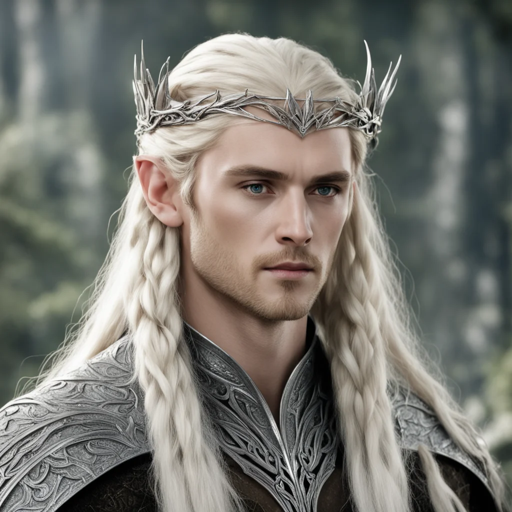 aiking thranduil with blond hair and braids wearing silver the hobbit elvish coronet with large center diamond  good looking trending fantastic 1