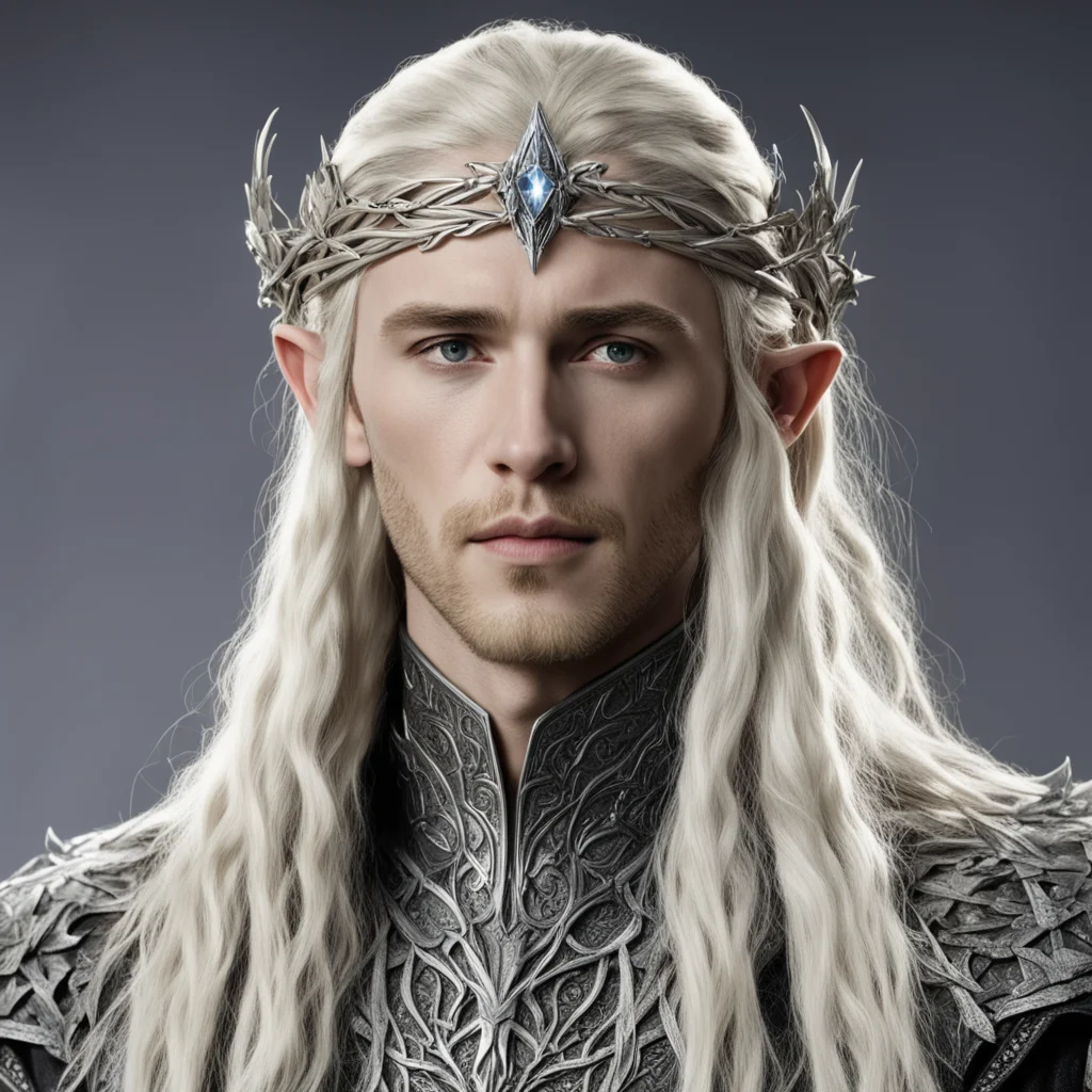 king thranduil with blond hair and braids wearing silver the hobbit elvish coronet with large center diamond 