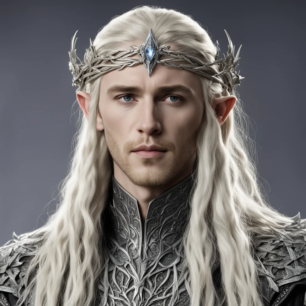 aiking thranduil with blond hair and braids wearing silver the hobbit elvish coronet with large center diamond 