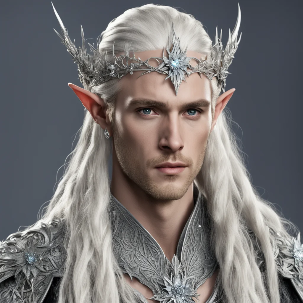 aiking thranduil with blond hair and braids wearing silver thorns and silver flowers with diamonds silver elvish circlet with large center diamond amazing awesome portrait 2