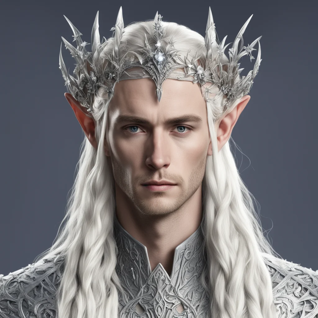 aiking thranduil with blond hair and braids wearing silver thorns and silver flowers with diamonds silver elvish circlet with large center diamond confident engaging wow artstation art 3