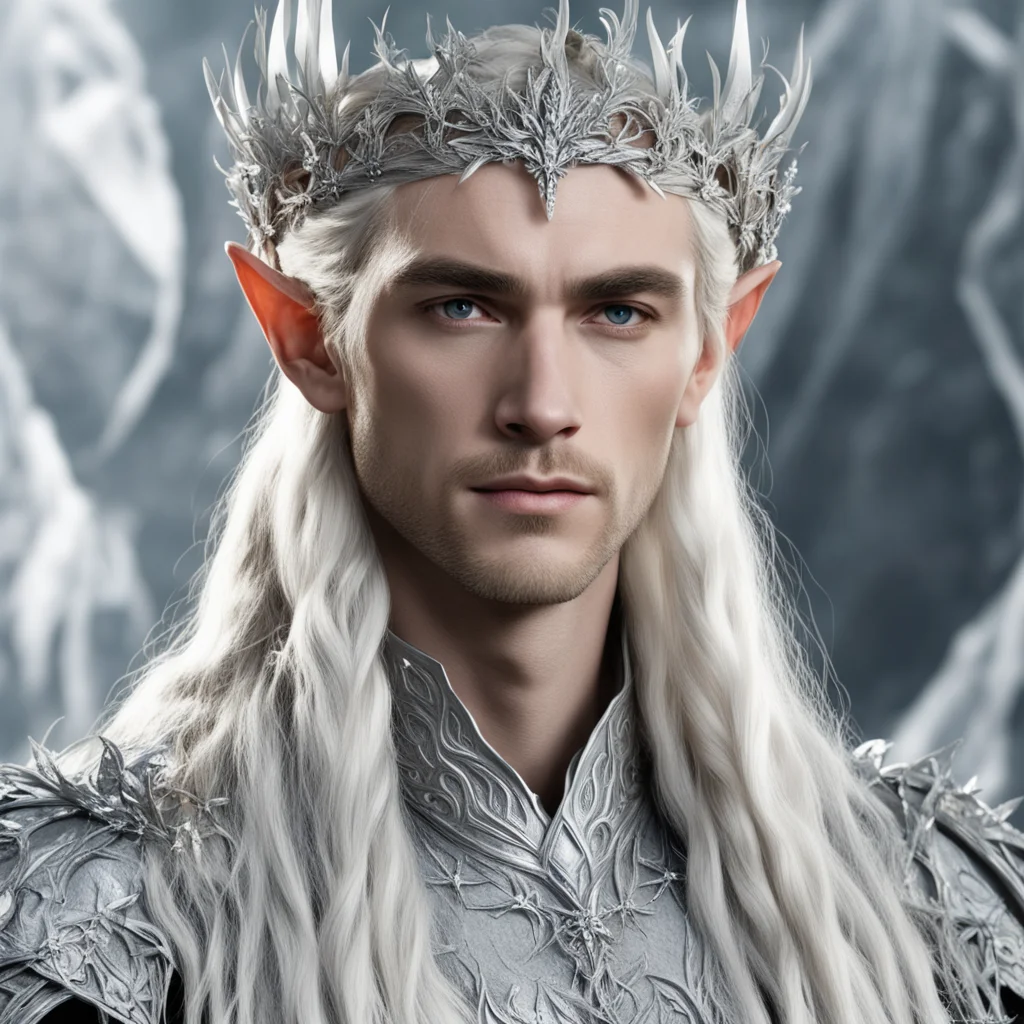 aiking thranduil with blond hair and braids wearing silver thorns and silver flowers with diamonds silver elvish circlet with large center diamond good looking trending fantastic 1