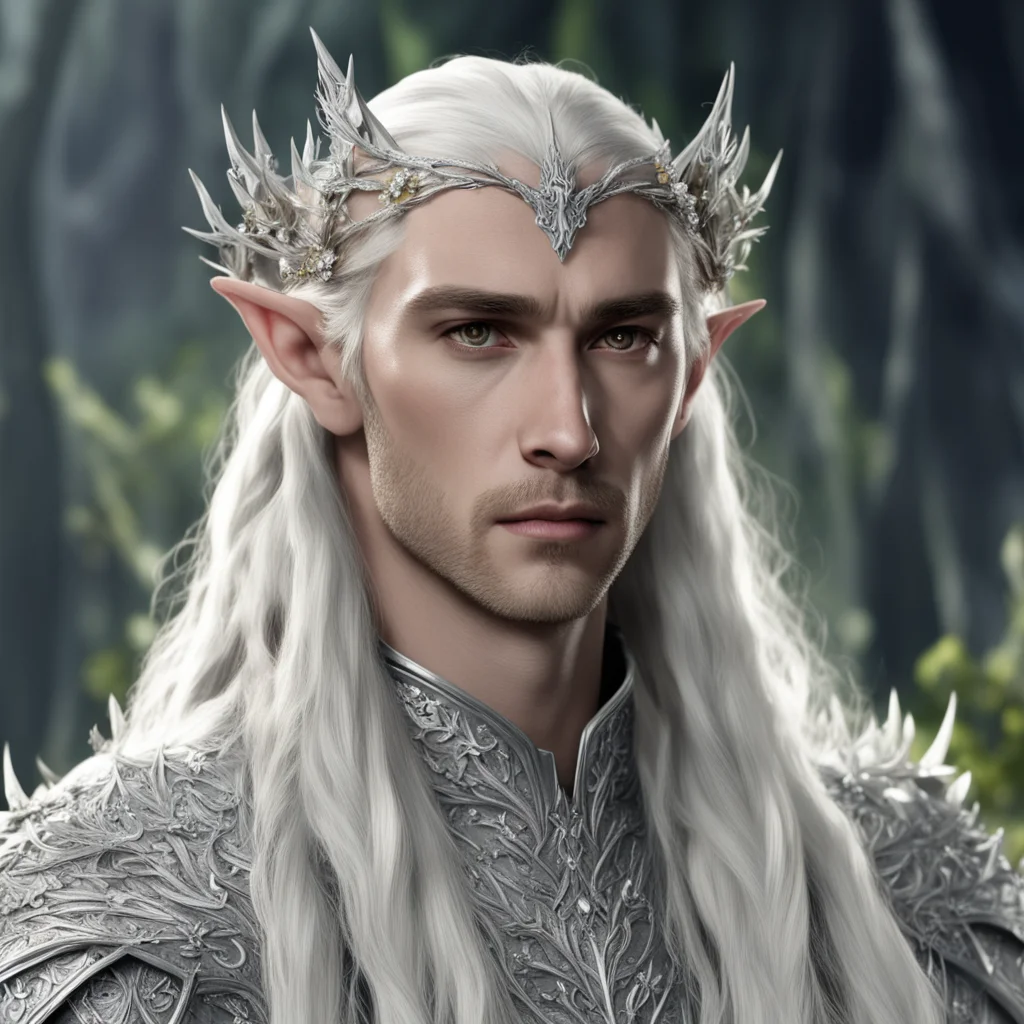 aiking thranduil with blond hair and braids wearing silver thorns and silver flowers with diamonds silver elvish circlet with large center diamond