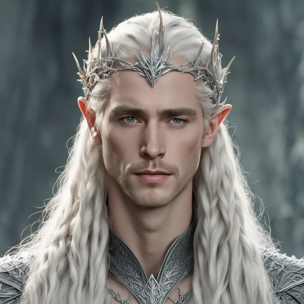 king thranduil with blond hair and braids wearing silver thorny vine elvish circlet encrusted with diamonds with large center diamond