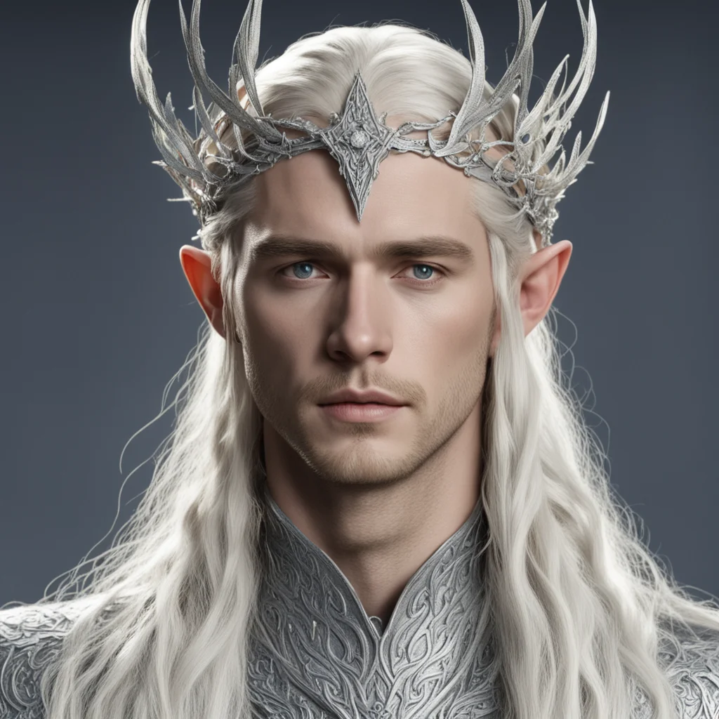 aiking thranduil with blond hair and braids wearing silver trumpet vine encrusted with diamonds forming a silver elvish circlet with large center diamond amazing awesome portrait 2