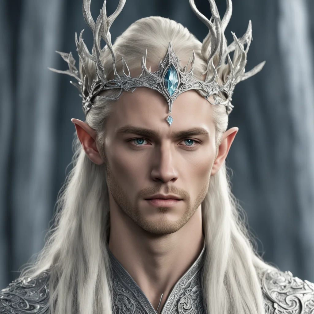 aiking thranduil with blond hair and braids wearing silver trumpet vine encrusted with diamonds forming a silver elvish circlet with large center diamond confident engaging wow artstation art 3