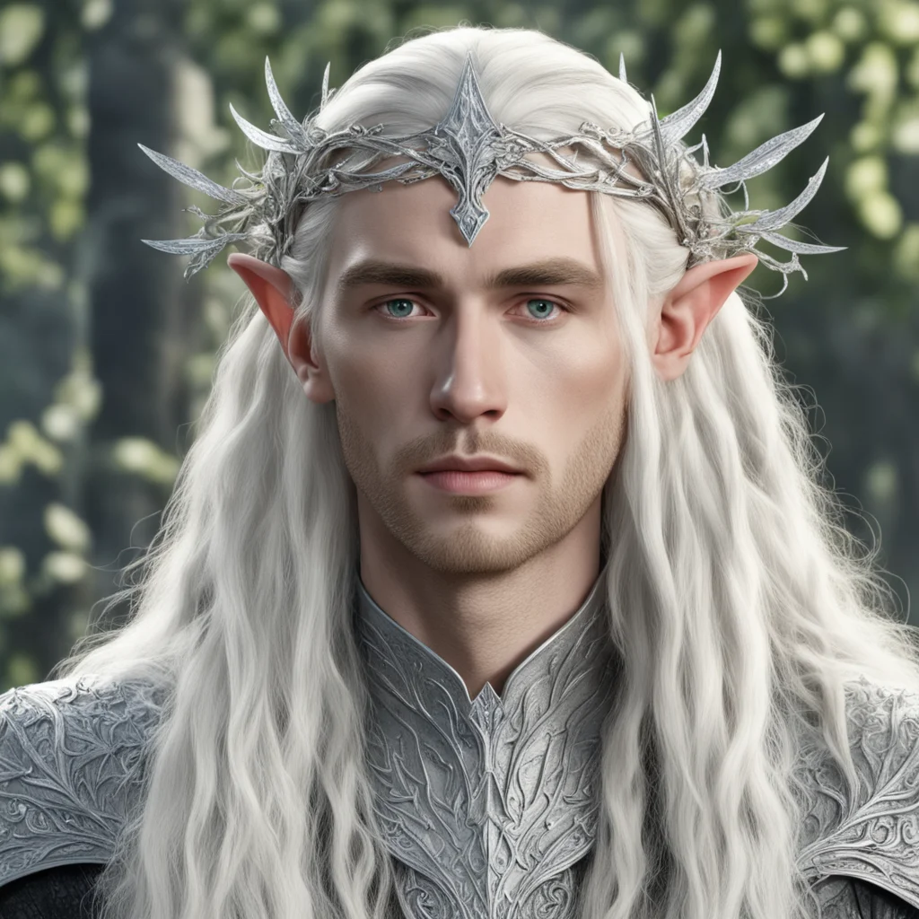 king thranduil with blond hair and braids wearing silver trumpet vine encrusted with diamonds forming a silver elvish circlet with large center diamond good looking trending fantastic 1