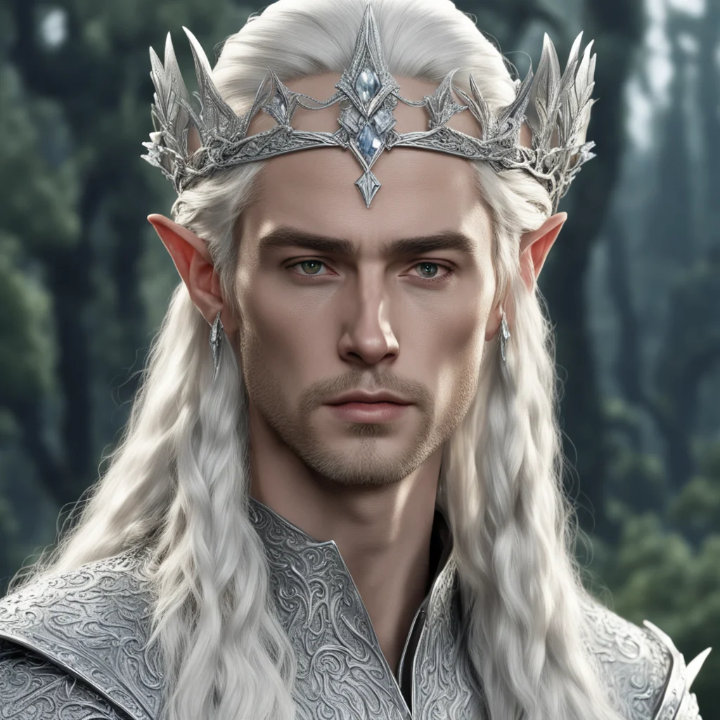 aiking thranduil with blond hair and braids wearing silver trumpet vine encrusted with diamonds forming a silver elvish circlet with large center diamond