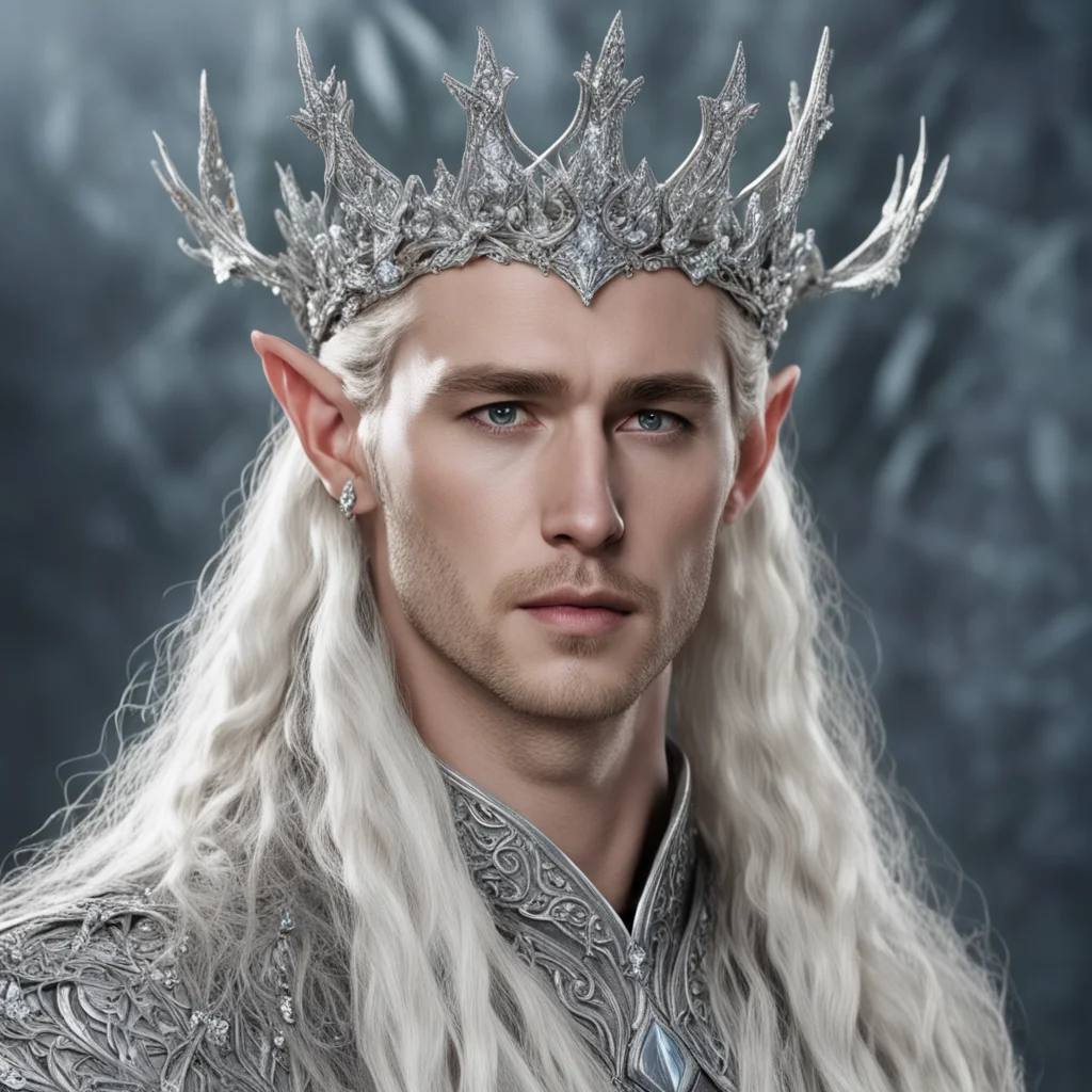 king thranduil with blond hair and braids wearing silver trumpet vine encrusted with diamonds forming a silver elvish coronet with large center diamond amazing awesome portrait 2