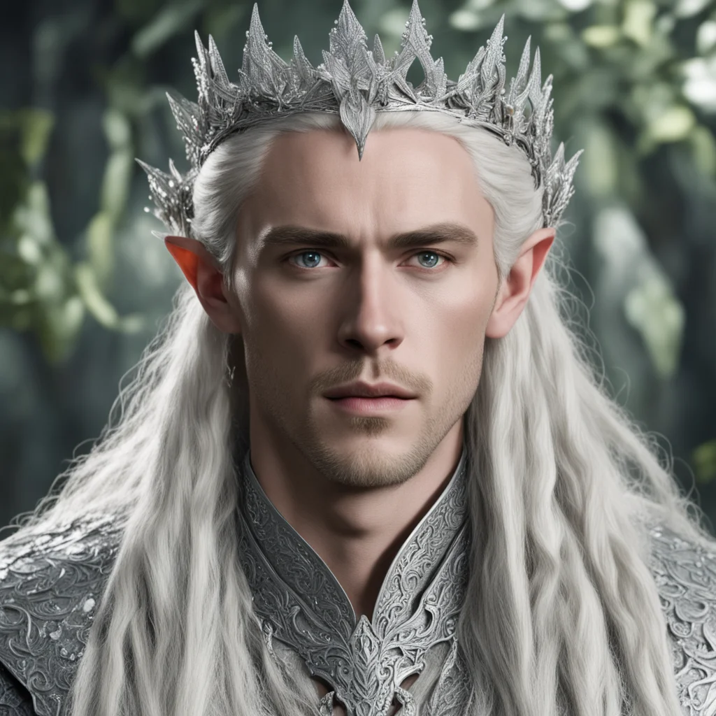 king thranduil with blond hair and braids wearing silver trumpet vine encrusted with diamonds forming a silver elvish coronet with large center diamond confident engaging wow artstation art 3