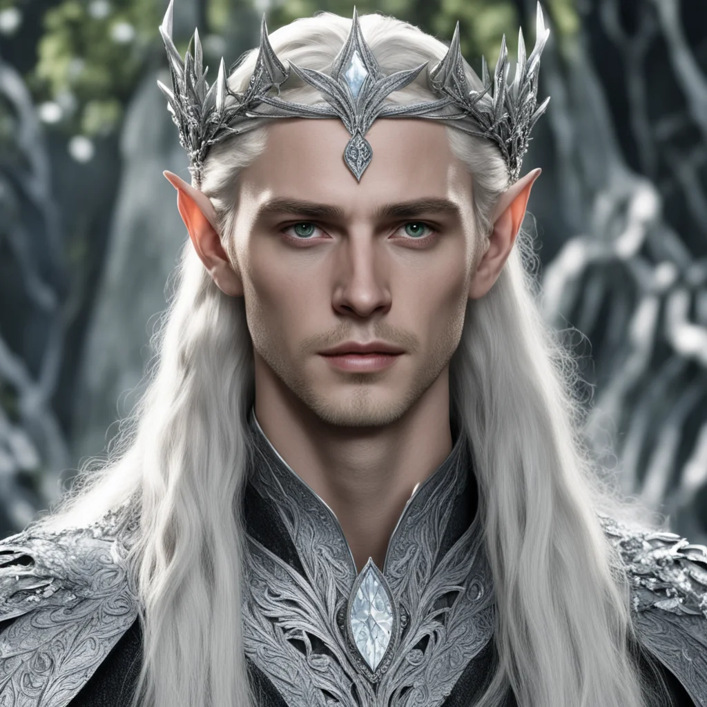 aiking thranduil with blond hair and braids wearing silver trumpet vine encrusted with diamonds forming a silver elvish coronet with large center diamond good looking trending fantastic 1