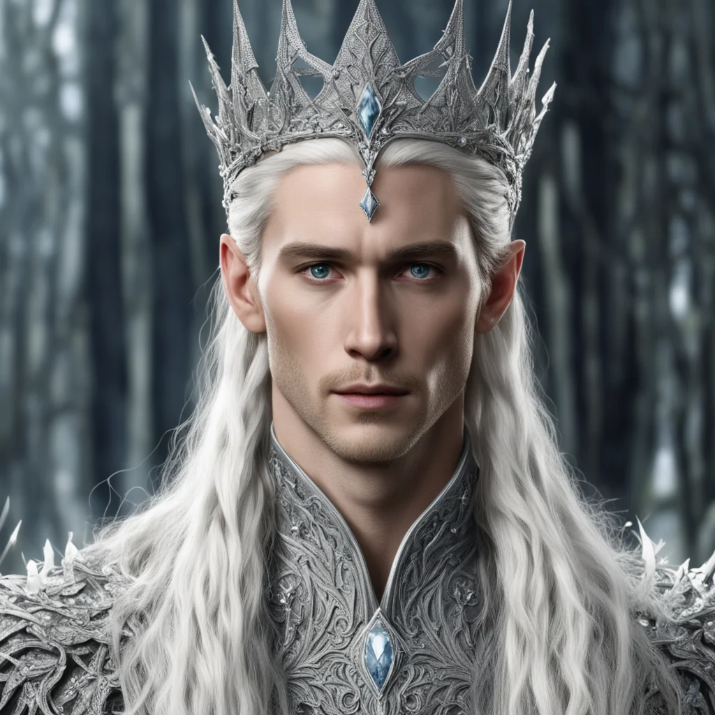 aiking thranduil with blond hair and braids wearing silver trumpet vine encrusted with diamonds forming a silver elvish coronet with large center diamond