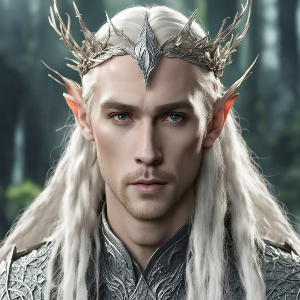 aiking thranduil with blond hair and braids wearing silver twig and leaf silver elvish circlet encrusted with diamonds with large center diamond  amazing awesome portrait 2