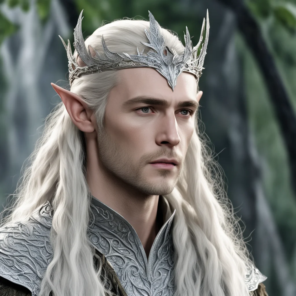 aiking thranduil with blond hair and braids wearing silver twig and leaf silver elvish circlet encrusted with diamonds with large center diamond  confident engaging wow artstation art 3