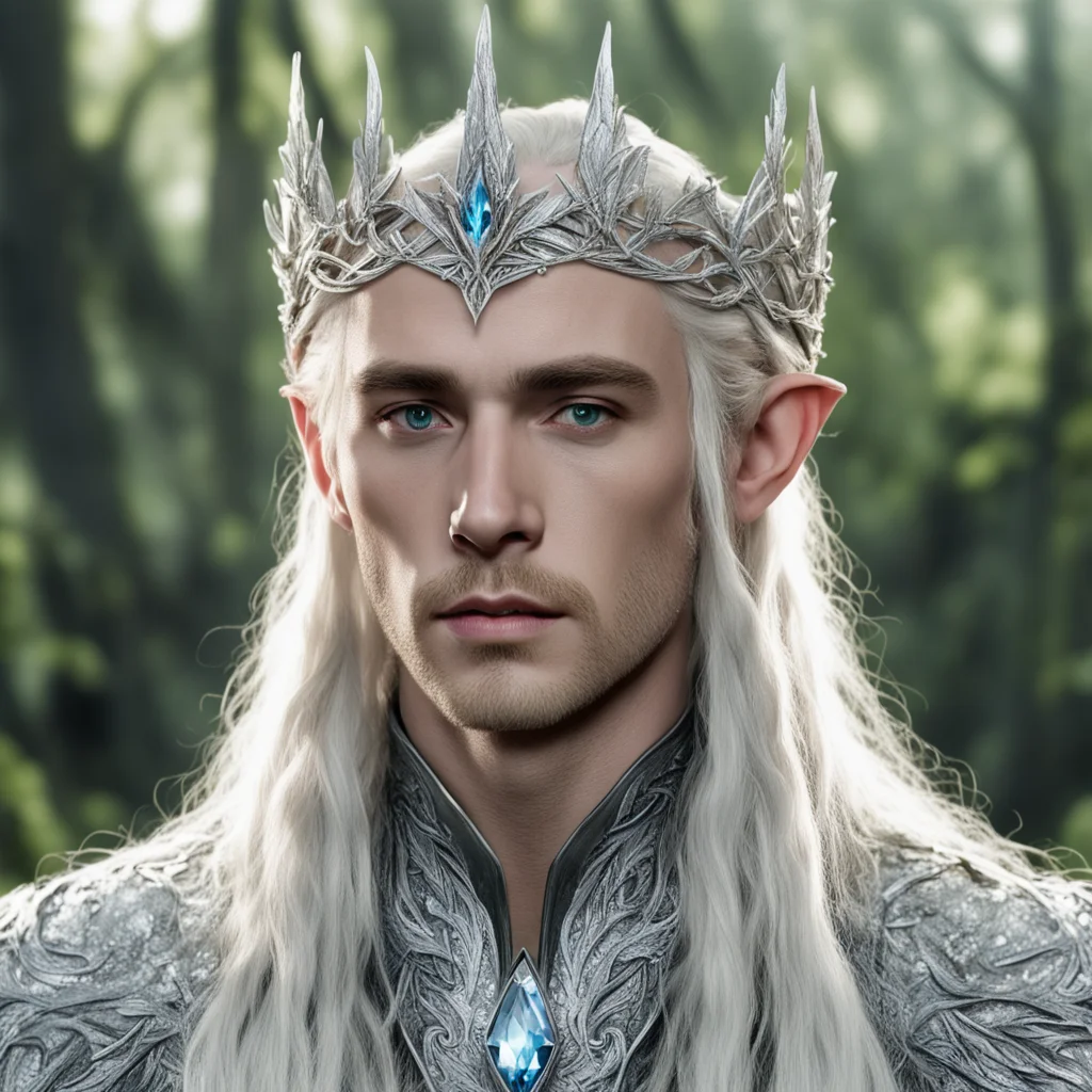 king thranduil with blond hair and braids wearing silver twig and leaf silver elvish circlet encrusted with diamonds with large center diamond  good looking trending fantastic 1