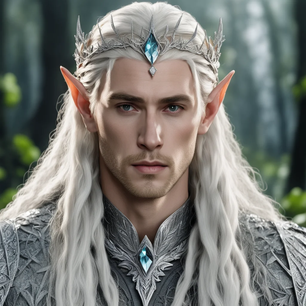 aiking thranduil with blond hair and braids wearing silver twig and leaf silver elvish circlet encrusted with diamonds with large center diamond 