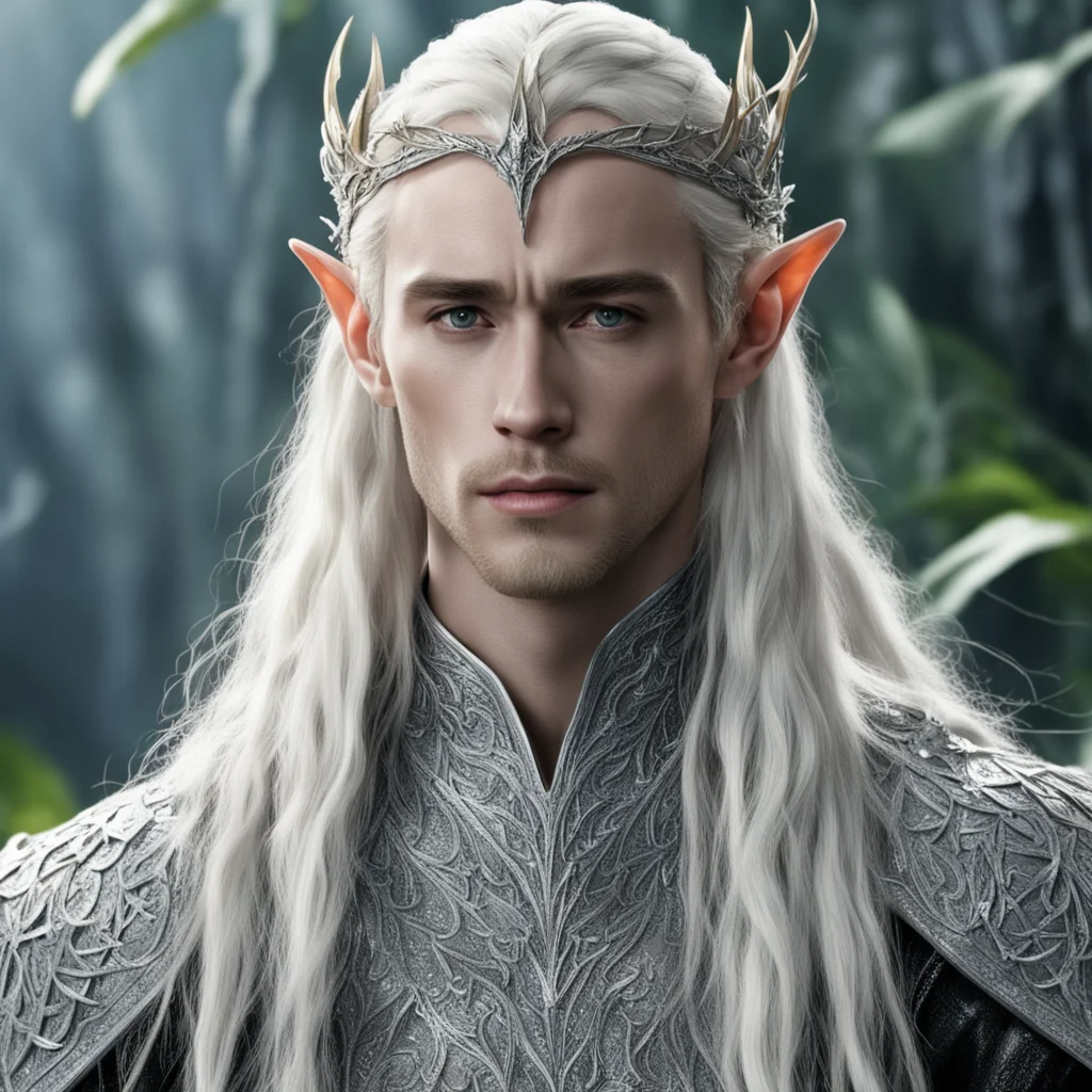 aiking thranduil with blond hair and braids wearing silver twig and leaf silver elvish circlet encrusted with diamonds with large center dianond amazing awesome portrait 2