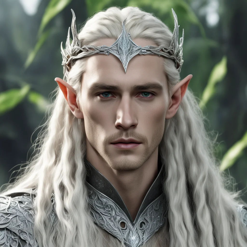 king thranduil with blond hair and braids wearing silver twig and leaf silver elvish circlet encrusted with diamonds with large center dianond confident engaging wow artstation art 3