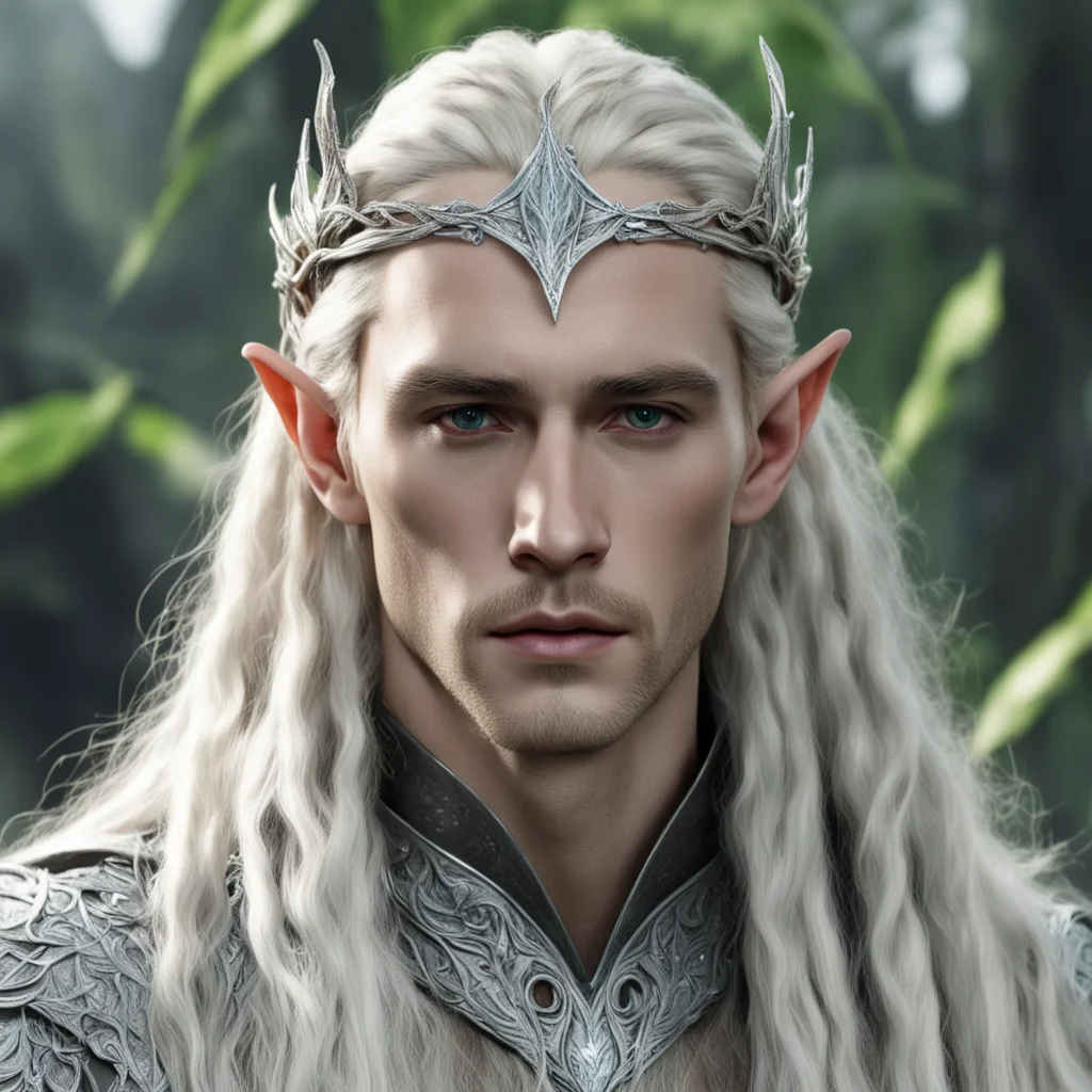 aiking thranduil with blond hair and braids wearing silver twig and leaf silver elvish circlet encrusted with diamonds with large center dianond confident engaging wow artstation art 3