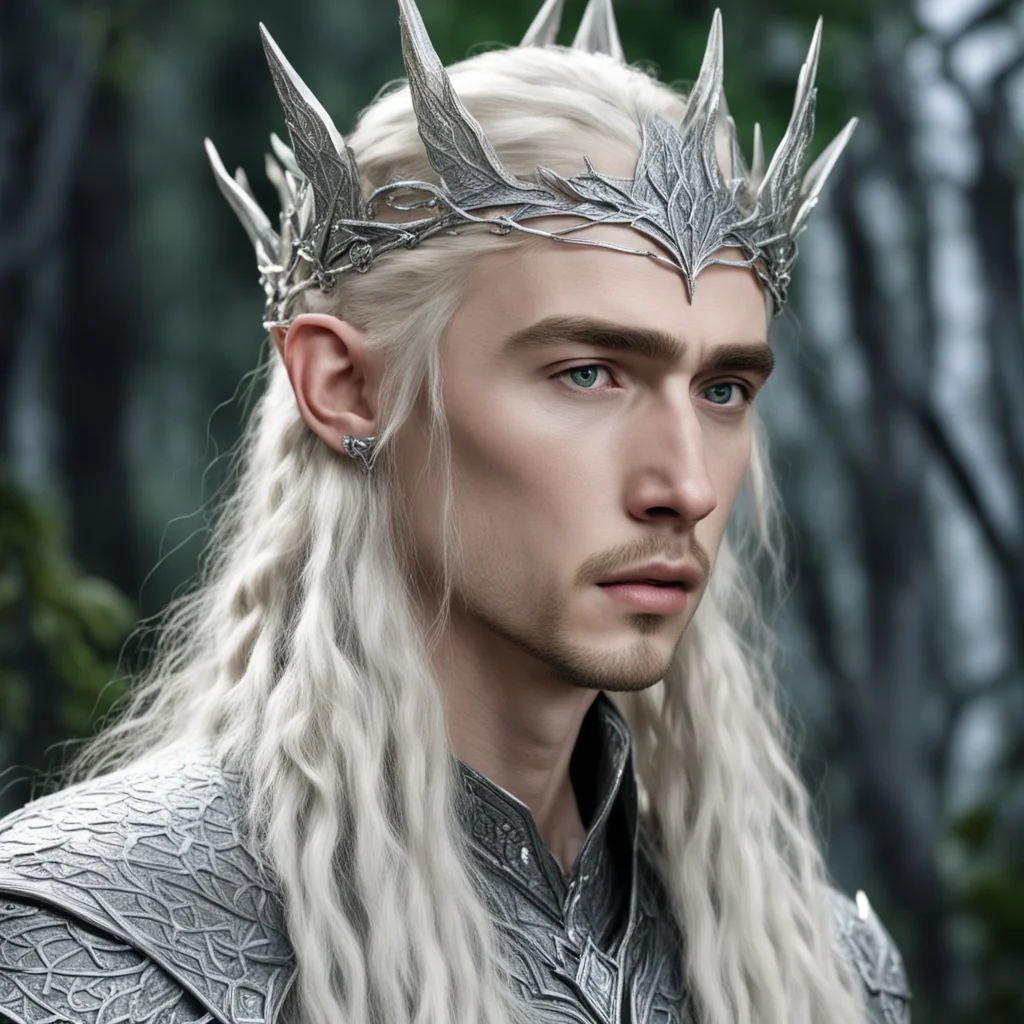 aiking thranduil with blond hair and braids wearing silver twig and leaf silver elvish circlet encrusted with diamonds with large center dianond good looking trending fantastic 1