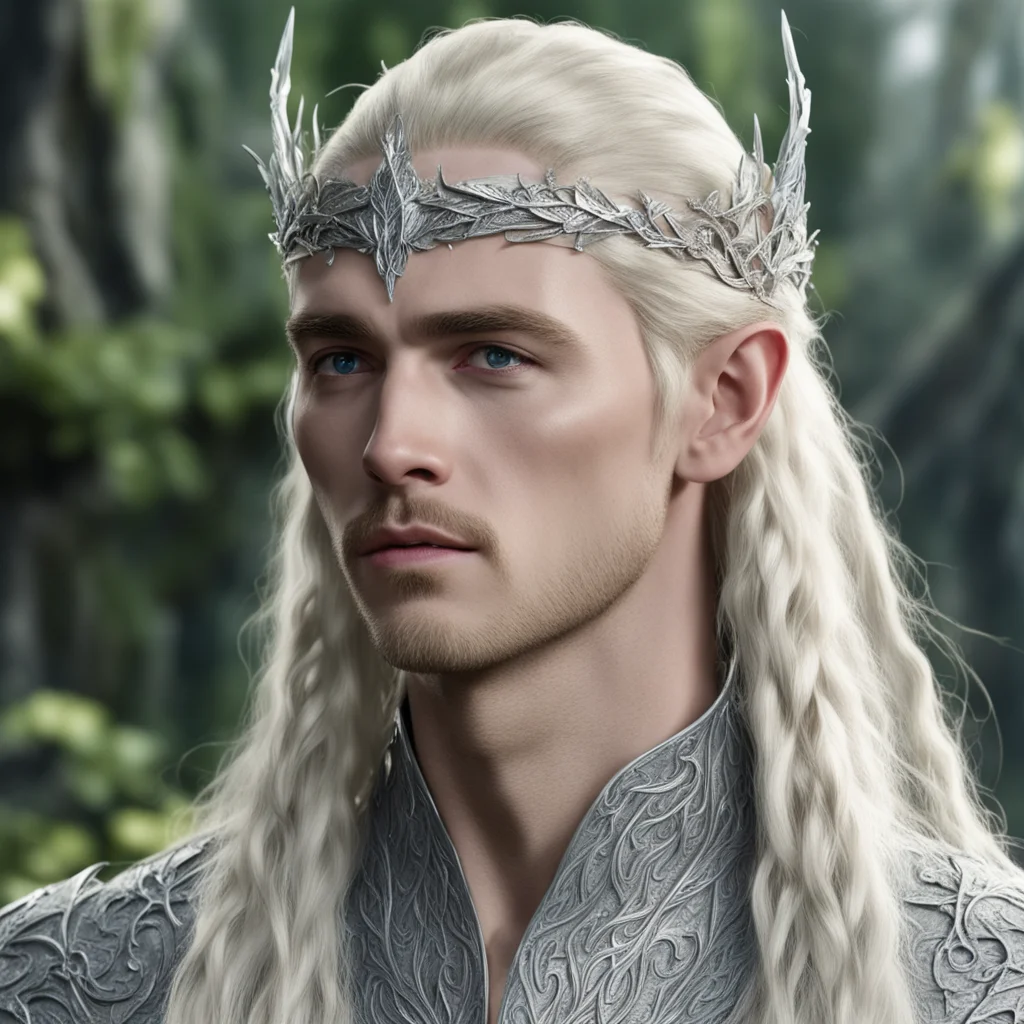 aiking thranduil with blond hair and braids wearing silver twig and leaf silver elvish circlet encrusted with diamonds with large center dianond