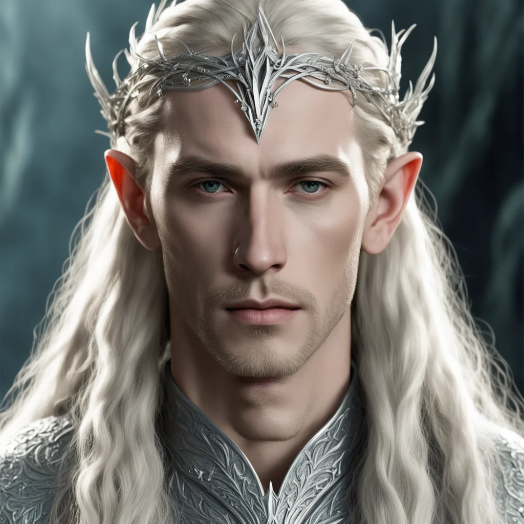 aiking thranduil with blond hair and braids wearing silver twig intermingled with diamonds to form a silver elvish circlet with large center diamond amazing awesome portrait 2