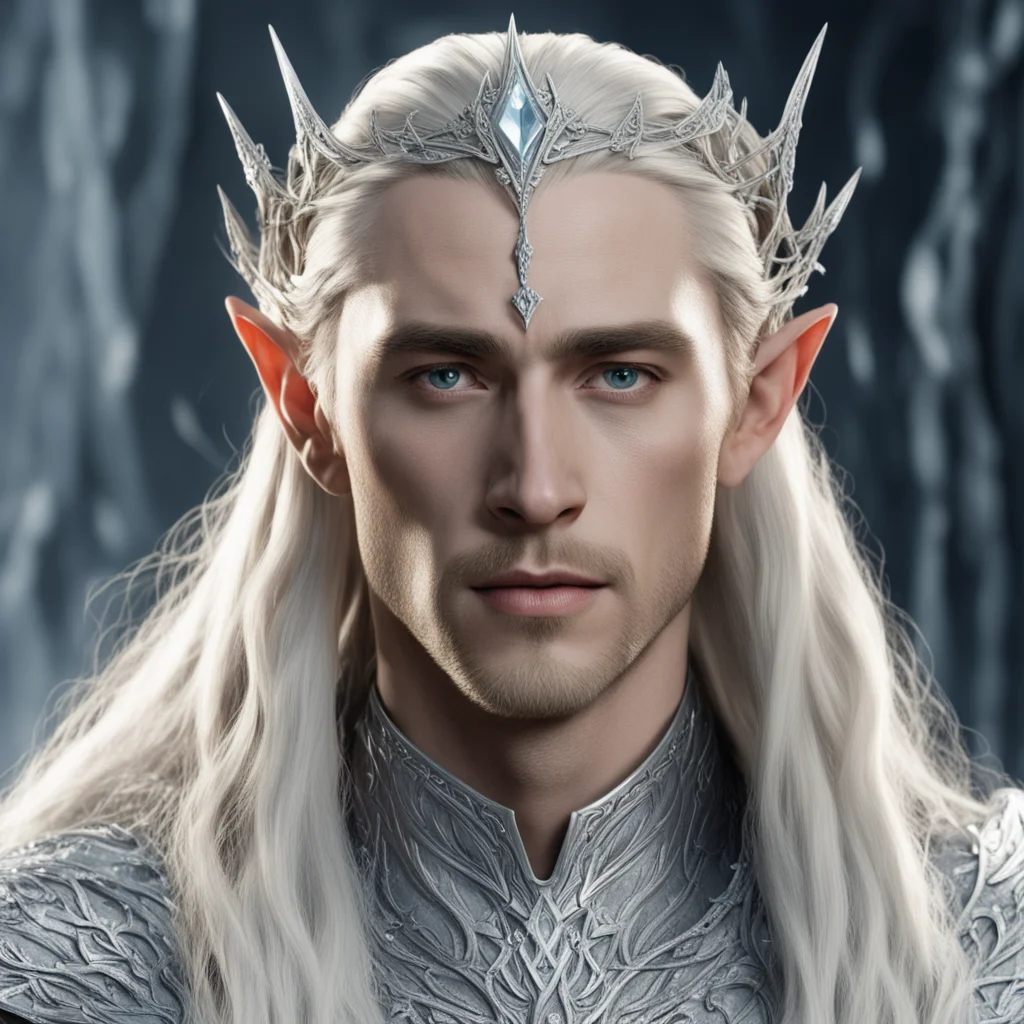 king thranduil with blond hair and braids wearing silver twig intermingled with diamonds to form a silver elvish circlet with large center diamond confident engaging wow artstation art 3