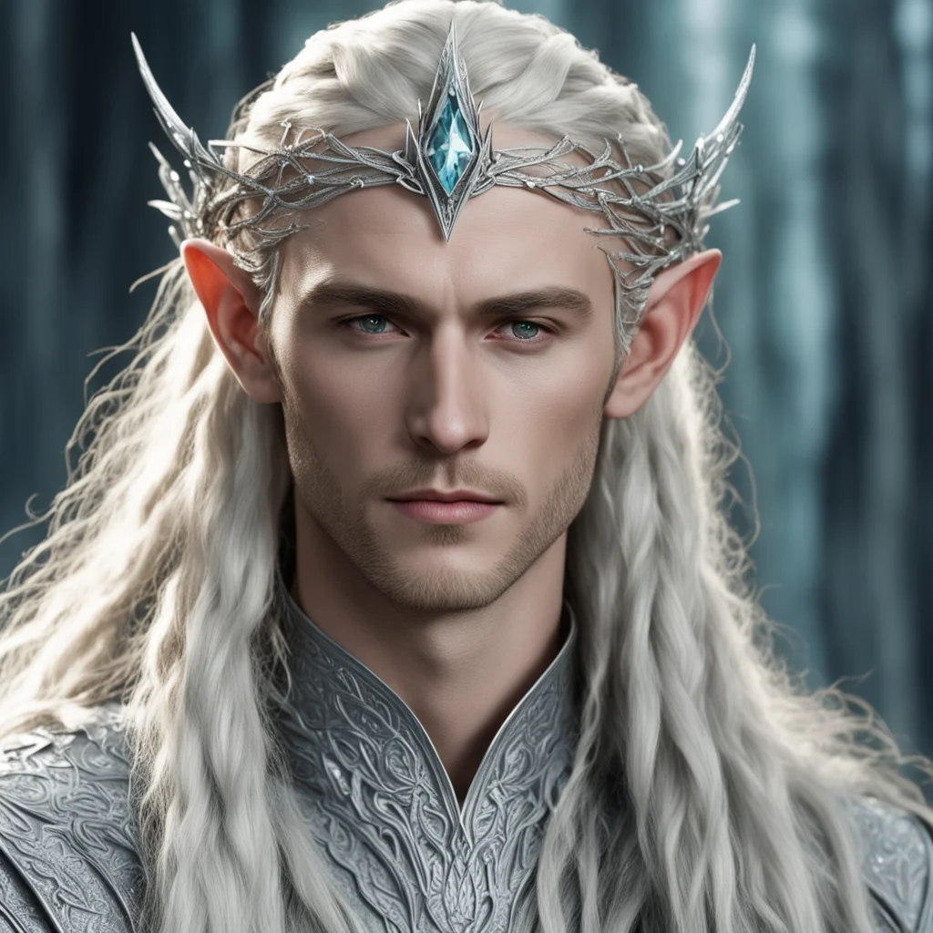 king thranduil with blond hair and braids wearing silver twig intermingled with diamonds to form a silver elvish circlet with large center diamond good looking trending fantastic 1