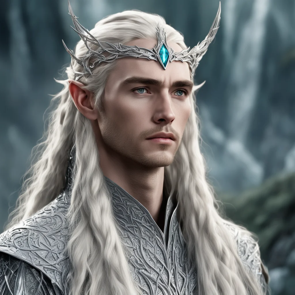 king thranduil with blond hair and braids wearing silver twig intermingled with diamonds to form a silver elvish circlet with large center diamond