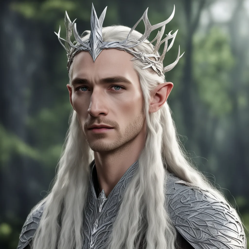 aiking thranduil with blond hair and braids wearing silver twig to form a small silver elvish circlet with large center diamond amazing awesome portrait 2