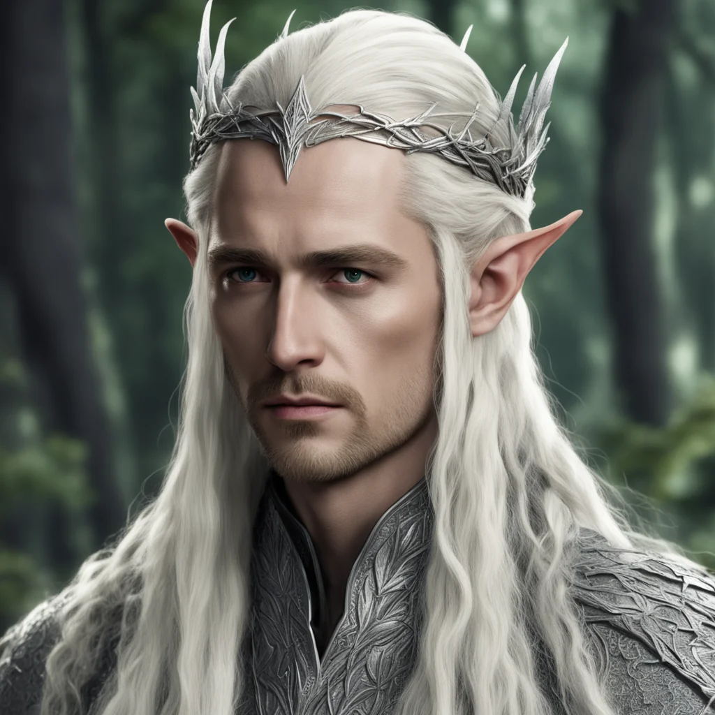 aiking thranduil with blond hair and braids wearing silver twig to form a small silver elvish circlet with large center diamond confident engaging wow artstation art 3