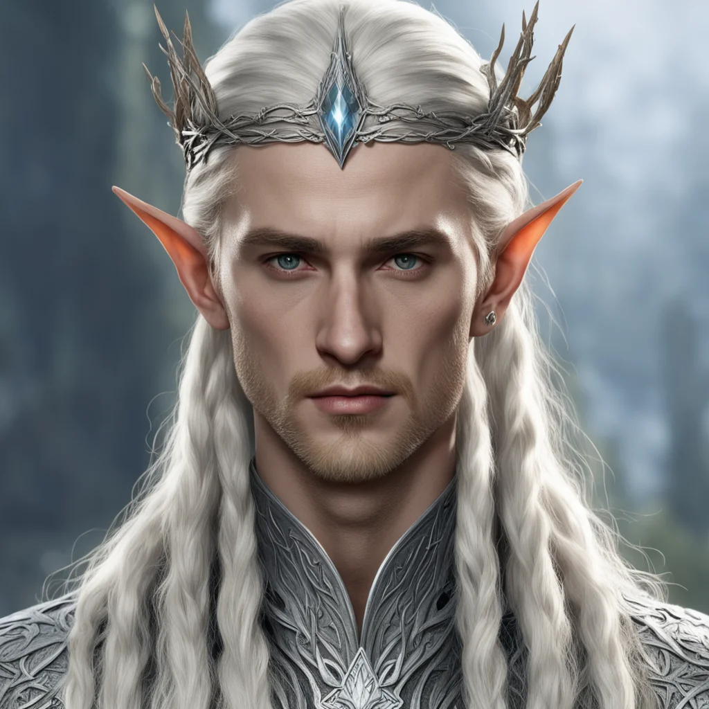 aiking thranduil with blond hair and braids wearing silver twig to form a small silver elvish circlet with large center diamond