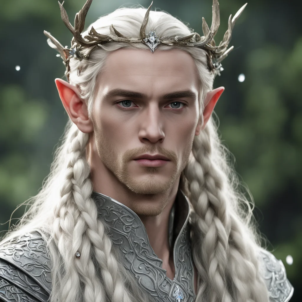 aiking thranduil with blond hair and braids wearing silver twig with diamond berry elvish circlet with large center diamond amazing awesome portrait 2