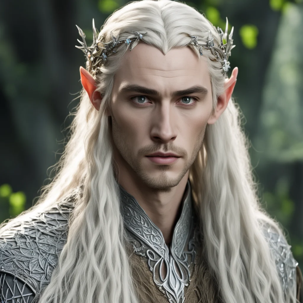 aiking thranduil with blond hair and braids wearing silver twig with diamond berry elvish circlet with large center diamond good looking trending fantastic 1