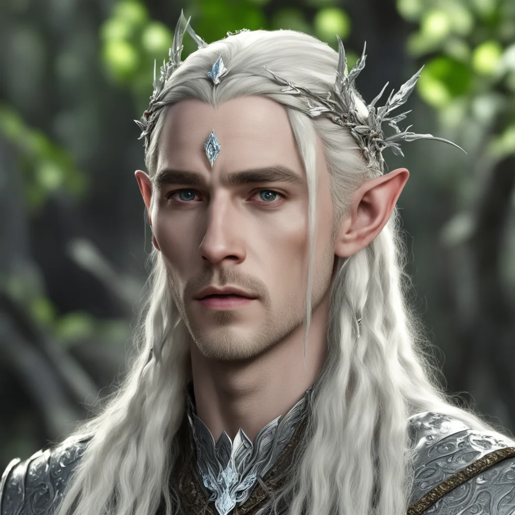 king thranduil with blond hair and braids wearing silver twig with diamond berry elvish circlet with large center diamond