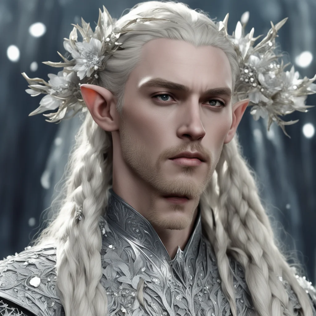 aiking thranduil with blond hair and braids wearing silver twigs and large silver flowers encrusted with diamonds with large center diamond amazing awesome portrait 2