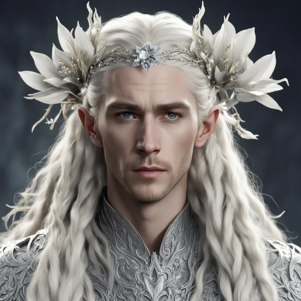 king thranduil with blond hair and braids wearing silver twigs and large silver flowers encrusted with diamonds with large center diamond confident engaging wow artstation art 3