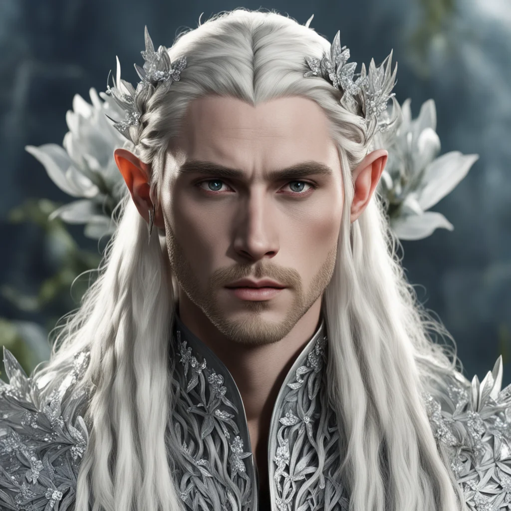 aiking thranduil with blond hair and braids wearing silver twigs and large silver flowers encrusted with diamonds with large center diamond good looking trending fantastic 1