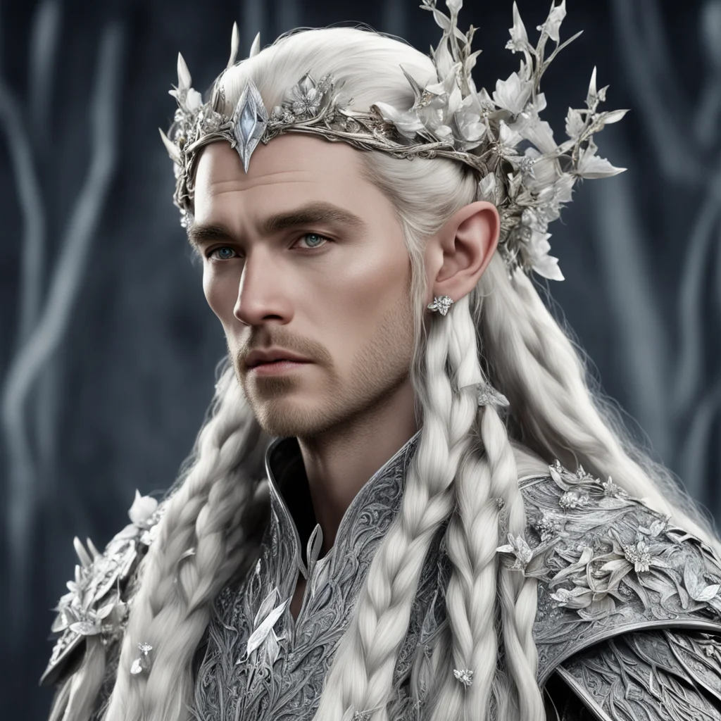 king thranduil with blond hair and braids wearing silver twigs and large silver flowers encrusted with diamonds with large center diamond