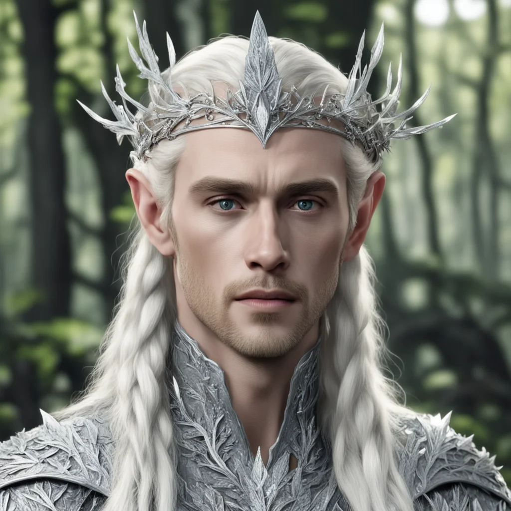 aiking thranduil with blond hair and braids wearing silver twigs and leaves encrusted with diamonds to form a silver elvish circlet with large center diamond cluster amazing awesome portrait 2