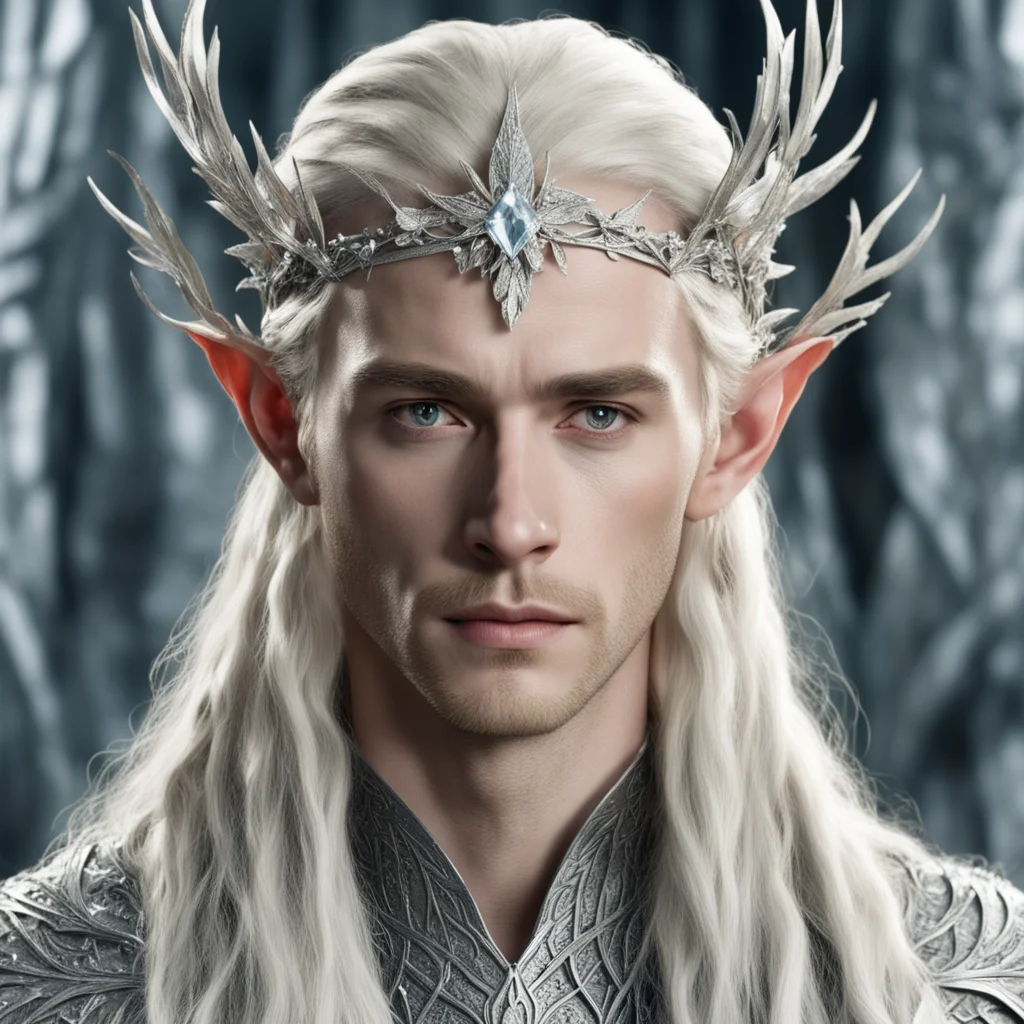 aiking thranduil with blond hair and braids wearing silver twigs and leaves encrusted with diamonds to form a silver elvish circlet with large center diamond cluster