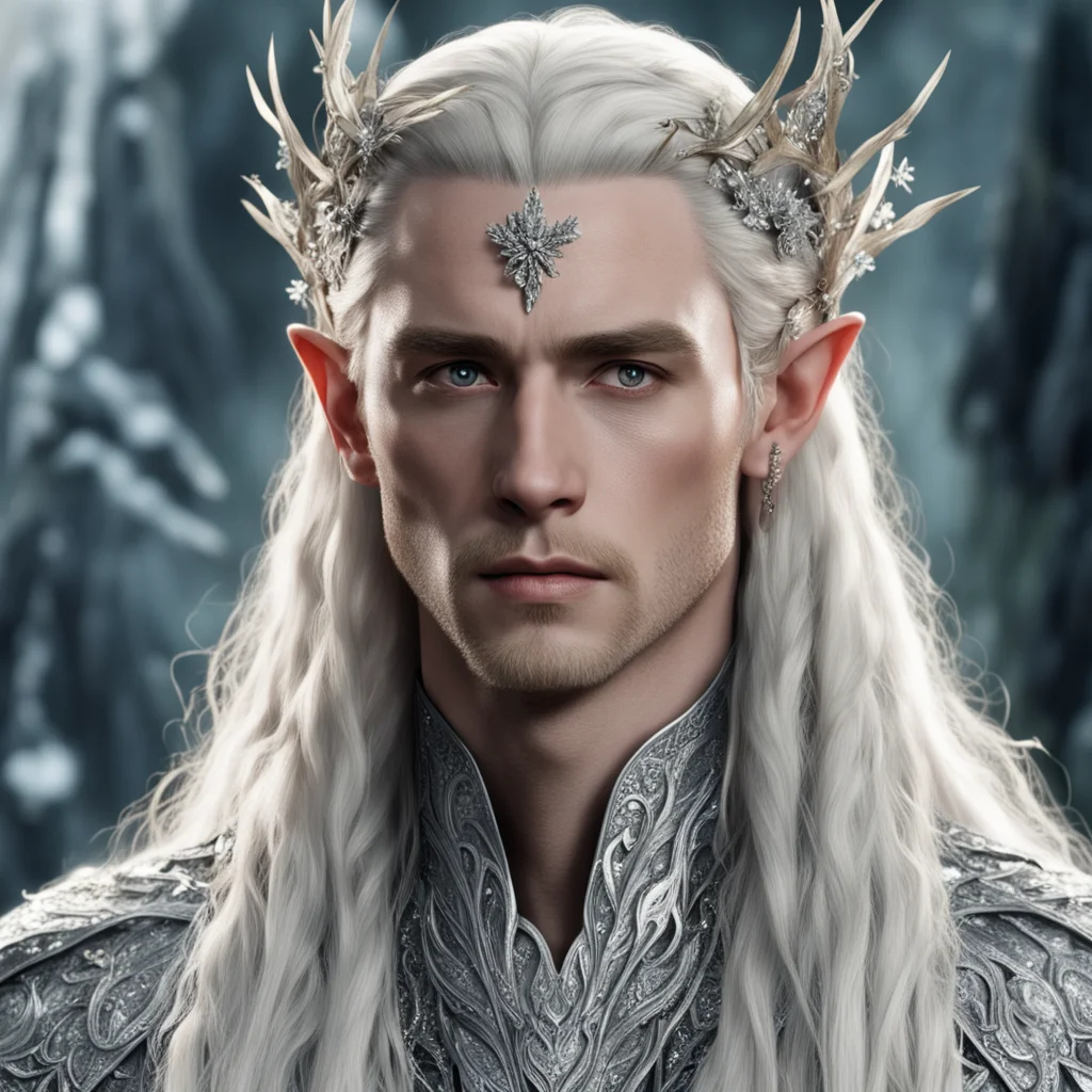 aiking thranduil with blond hair and braids wearing silver twigs and silver flowers encrusted with diamonds with large center diamond amazing awesome portrait 2