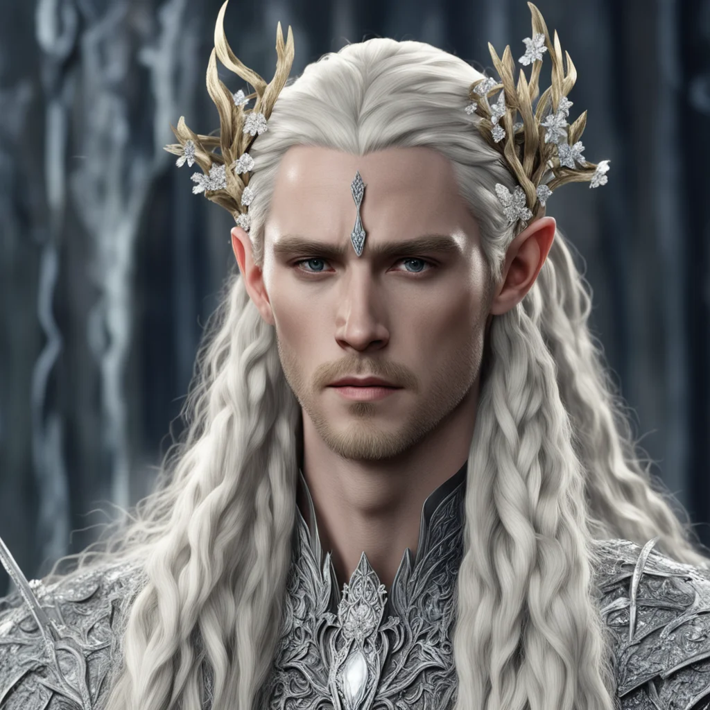 aiking thranduil with blond hair and braids wearing silver twigs and silver flowers encrusted with diamonds with large center diamond good looking trending fantastic 1