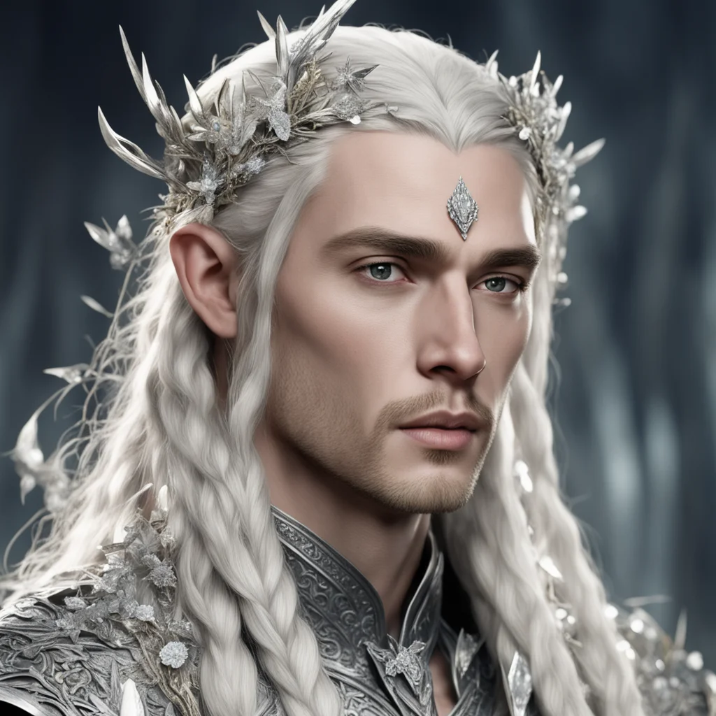aiking thranduil with blond hair and braids wearing silver twigs and silver flowers encrusted with diamonds with large center diamond