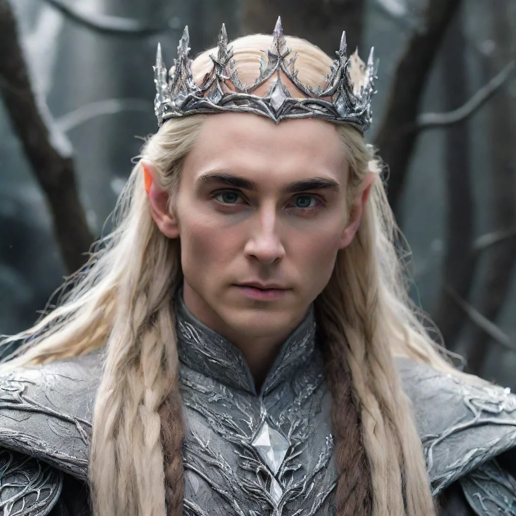 aiking thranduil with blond hair and braids wearing silver twigs encrusted with diamonds forming a silver elvish crown with large center diamond
