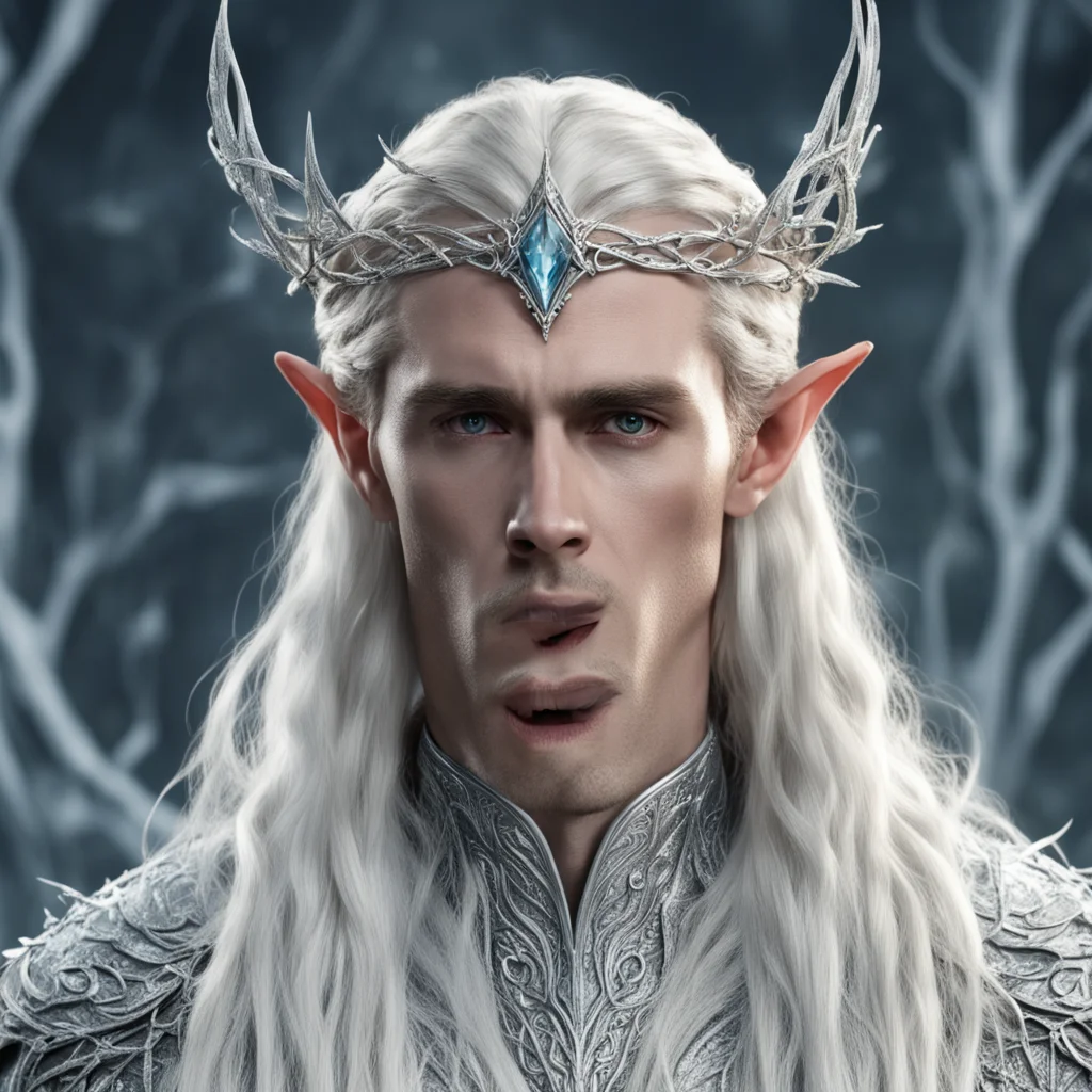 aiking thranduil with blond hair and braids wearing silver twigs encrusted with diamonds intertwined into a serpentine silver elvish circlet with large center diamond amazing awesome portrait 2