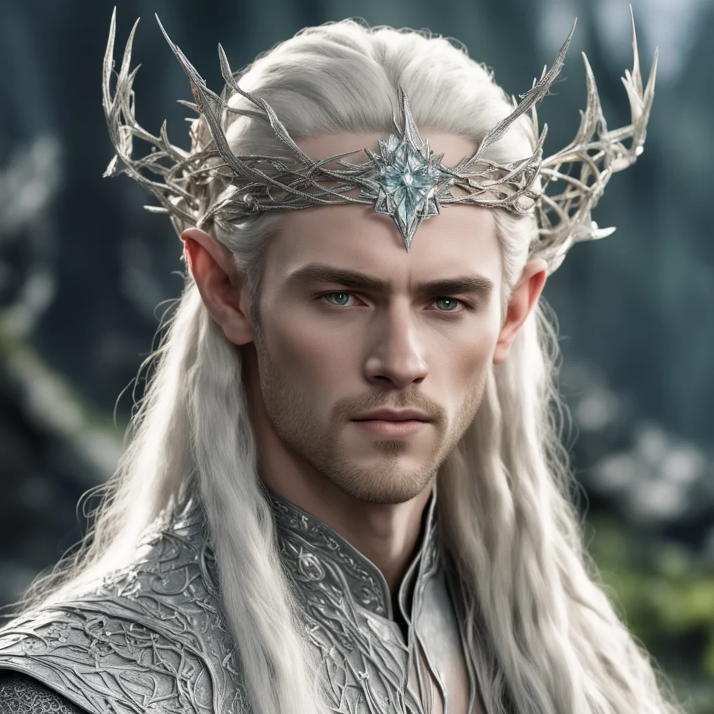 aiking thranduil with blond hair and braids wearing silver twigs encrusted with diamonds intertwined into a serpentine silver elvish circlet with large center diamond