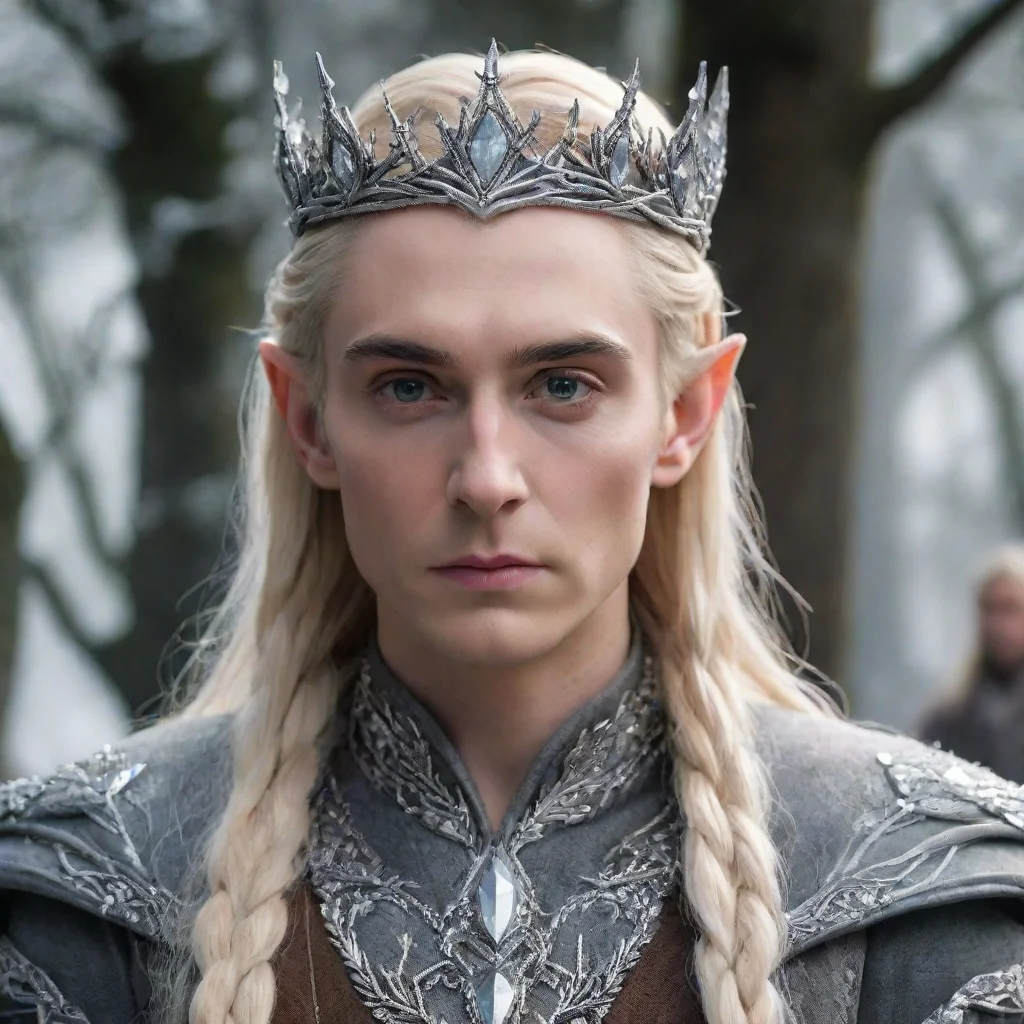 king thranduil with blond hair and braids wearing silver twigs encrusted with diamonds to form a silver elvish crown with large center diamond